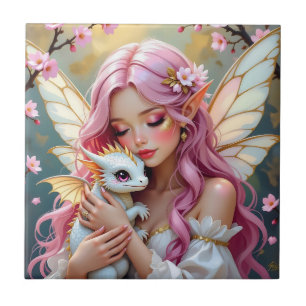 Azulejo De Cerâmica Uma Fada Elegante e seu Dragão Bebê Personalizados