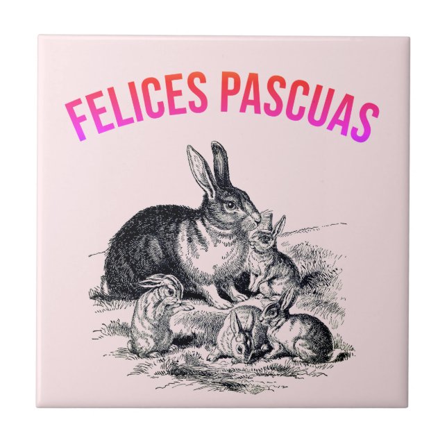 Azulejo De Cerâmica Uma família de coelhos - Felices Pascuas (Frente)