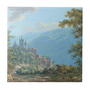 Azulejo De Cerâmica Uma fortaleza numa paisagem de montanha no nascer 