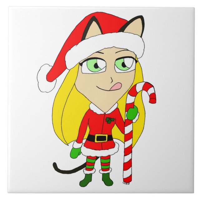 Azulejo De Cerâmica Uma garota chibi de Natal (Frente)
