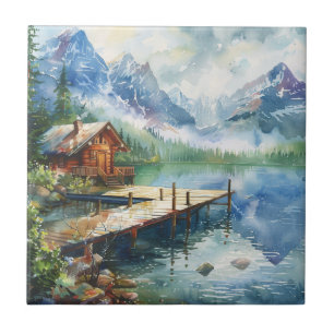 Azulejo De Cerâmica Uma Mangueira de Pesca no Lago