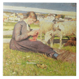 Azulejo De Cerâmica Uma menina que faz malha, 1888 (óleo em canvas)