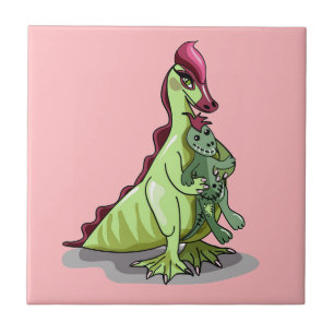 Azulejo De Cerâmica Uma Mulher Hadrosaurus Segurando Uma Boneca.