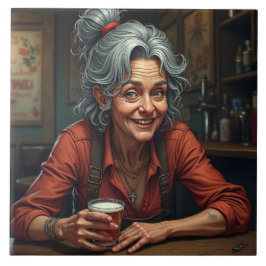 Azulejo De Cerâmica Uma mulher mais velha engraçada em bar com cerveja