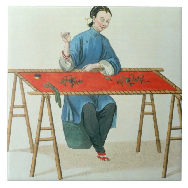 Azulejo De Cerâmica Uma mulher que borda, chapeia 41 'do traje o (Frente)