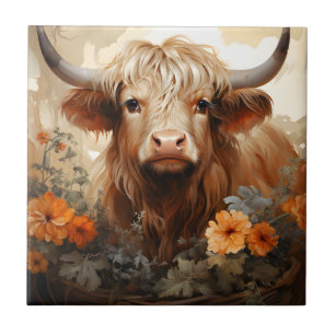 Azulejo De Cerâmica Uma Série Floral Highland Cow Design 2