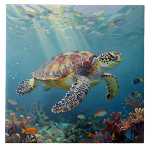 Azulejo De Cerâmica Uma Tartaruga Marinha e Raios de Sol no Oceano Azu