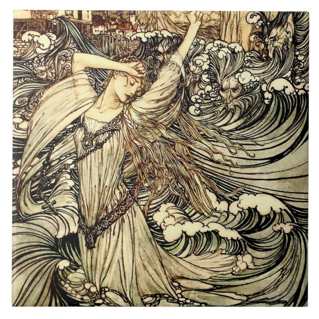 Azulejo De Cerâmica "Undine in the Waves" por Arthur Rackham (Frente)