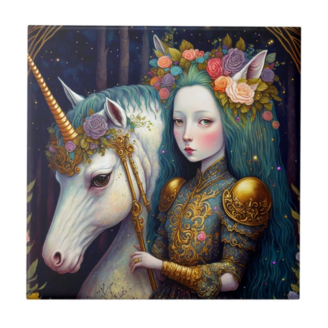 Azulejo De Cerâmica Unicorn e Lady Fantasy Art (Frente)