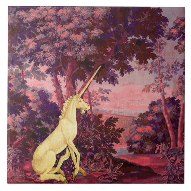Azulejo De Cerâmica UNICORN IN WOODLAND LANDSCAPE,ÁRVORES,Azul Rosa (Frente)