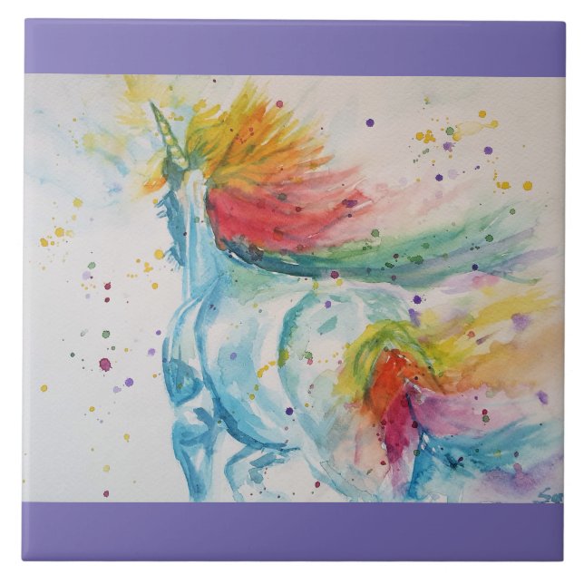 Azulejo De Cerâmica Unicorn: Pintura em Aquarela Unicorns Whimsical (Frente)