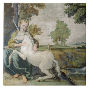 Azulejo De Cerâmica Unicórnio e Jovem Mulher (por Domenichino)