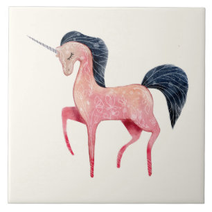 Azulejo De Cerâmica Unicórnio Nórdico Rosa com Mão Negra