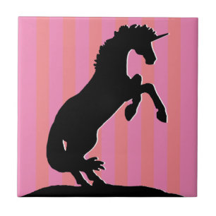 Azulejo De Cerâmica Unicórnio Preto de Criação (listrado cor-de-rosa)