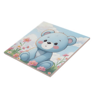 Azulejo De Cerâmica Ursa de pelúcia azul fofa no jardim