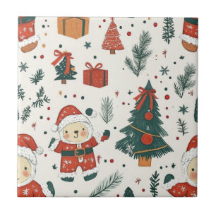 Azulejo De Cerâmica Ursa Teddy Fofo & Papai Noel em Branco (1)