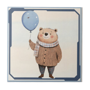 Azulejo De Cerâmica Urso Balão Azul na Xadrez do Sweater Castanho
