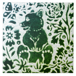 Azulejo De Cerâmica Urso Batik - Floresta Azul Verde Moderna