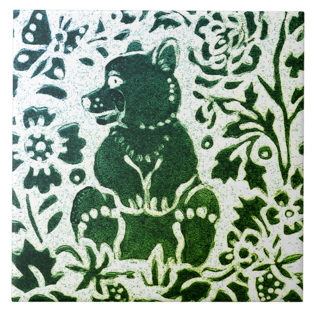 Azulejo De Cerâmica Urso Batik - Floresta Azul Verde Moderna (Frente)