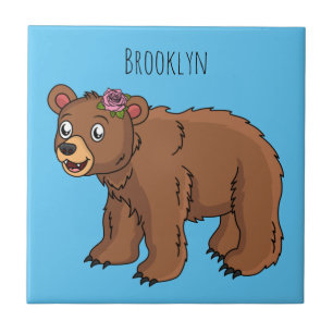 Azulejo De Cerâmica Urso bonito com ilustração de desenho animado de