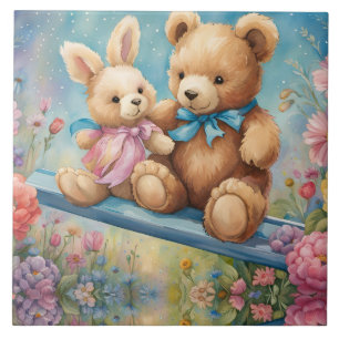 Azulejo De Cerâmica Urso de pelúcia e coelho num jardim de pastel