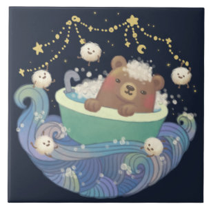 Azulejo De Cerâmica Urso de Pelúcia na Banheira com Monstros Fofinhos