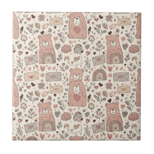 Azulejo De Cerâmica Urso de pelúcia neutro arco-íris em marrom e taupe