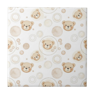 Azulejo De Cerâmica Urso de Pelúcia Neutro Círculo Padrão Bege Bebê (2