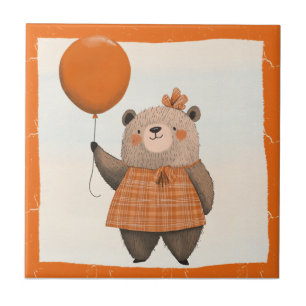 Azulejo De Cerâmica Urso de Vestido de Xadrez Laranja com Arco de cabe