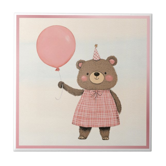 Azulejo De Cerâmica Urso de vestimenta rosa com Xadrez e Arco (Frente)