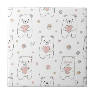 Azulejo De Cerâmica Urso Fofo e Corações -- Berçário Pastel (1)