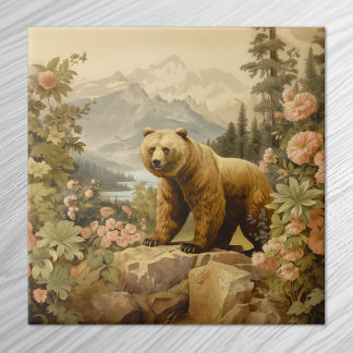 Azulejo De Cerâmica Urso Grizzly Majestoso em uma Floresta
