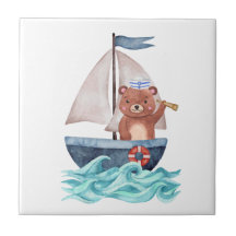 Urso Marinheiro Aquarela Ondas Náuticas Mar Bebê M