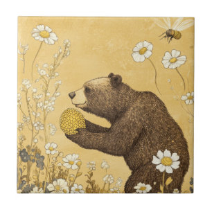 Azulejo De Cerâmica Urso Mel em Prado de Flores Silvestres