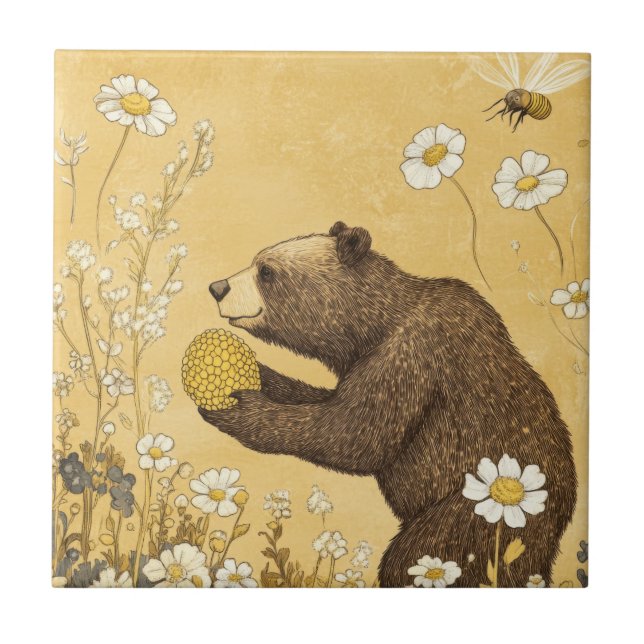 Azulejo De Cerâmica Urso Mel em Prado de Flores Silvestres (Frente)