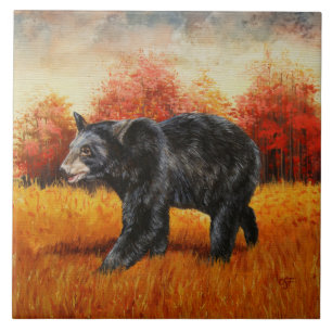 Azulejo De Cerâmica Urso Negro na Floresta do outono