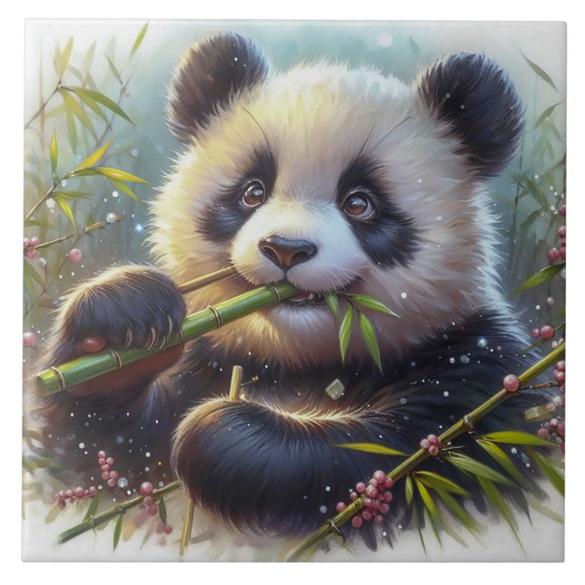 Azulejo De Cerâmica Urso Panda Adorável Comendo Bambu (Frente)