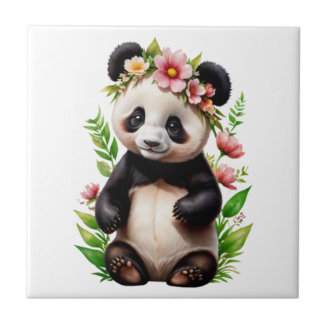 Azulejo De Cerâmica Urso Panda Transparente Com Flores (Frente)