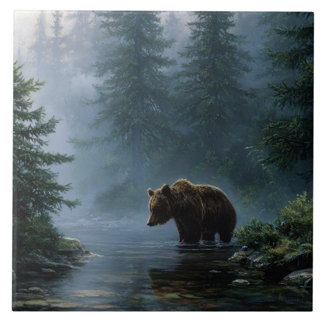 Azulejo De Cerâmica Urso Pardo Floresta Nebulosa (Frente)