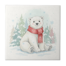 Azulejo De Cerâmica Urso Polar Adorável em Aquarela de Inverno