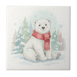 Azulejo De Cerâmica Urso Polar Adorável em Aquarela de Inverno