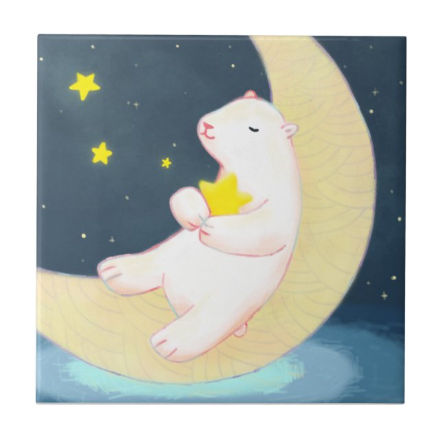 Azulejo De Cerâmica Urso Polar, Lua e Estrelas (Frente)