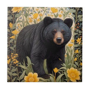 Azulejo De Cerâmica Urso Preto E Flores Amarelas
