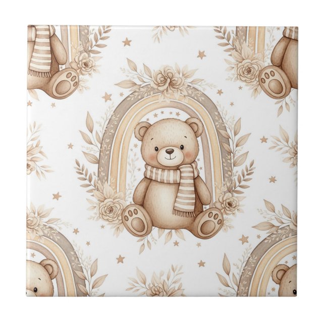 Azulejo De Cerâmica Urso Teddy Boho Arco-íris Floral Neutro (Frente)