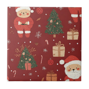 Azulejo De Cerâmica Urso Teddy Fofo & Papai Noel em Vermelho (2)