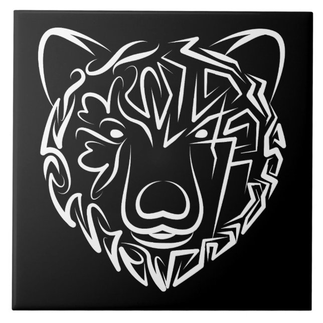 Azulejo De Cerâmica Urso Tribal Negro e Branco (Frente)