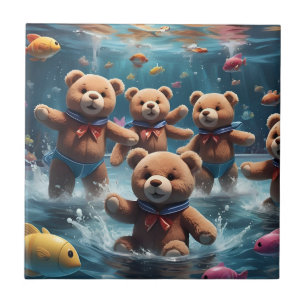Azulejo De Cerâmica Ursos de Teddy Nadando numa Piscina de Peixe