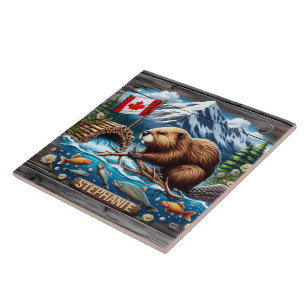Azulejo De Cerâmica Usina de construção de castor canadense perto do S