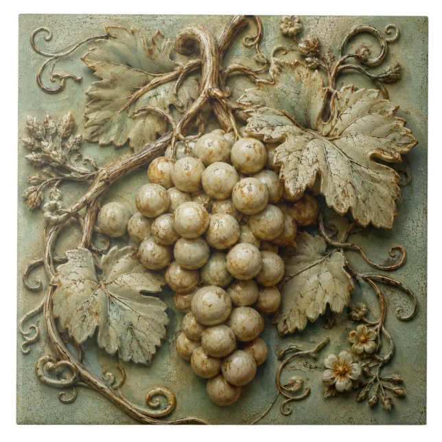 Azulejo De Cerâmica Uvas Rústicas de Vinhedo Relevo Falso Botânico (Frente)
