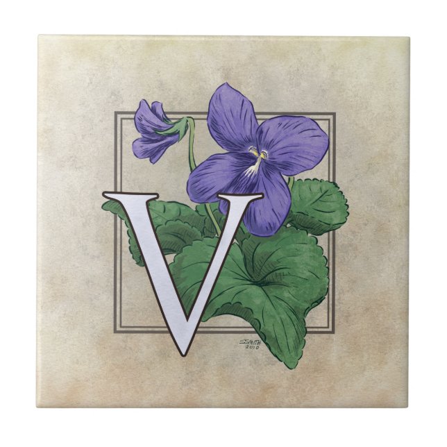 Azulejo De Cerâmica V para a Arte do Monograma Floral Violeta Flor (Frente)